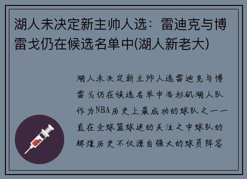 湖人未决定新主帅人选：雷迪克与博雷戈仍在候选名单中(湖人新老大)