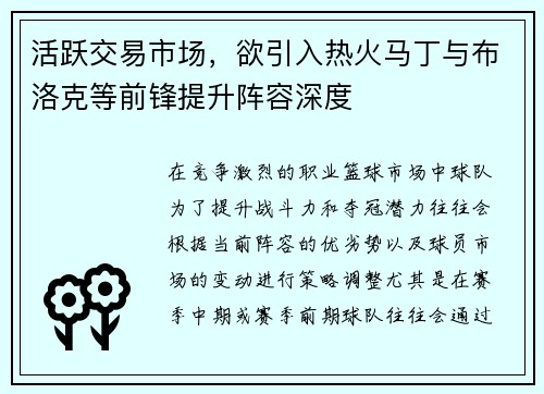 活跃交易市场，欲引入热火马丁与布洛克等前锋提升阵容深度