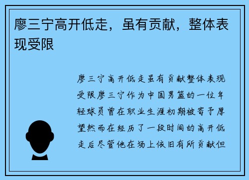 廖三宁高开低走，虽有贡献，整体表现受限