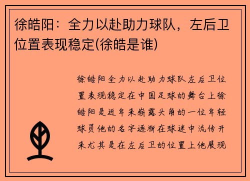 徐皓阳：全力以赴助力球队，左后卫位置表现稳定(徐皓是谁)