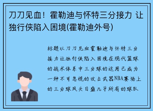刀刀见血！霍勒迪与怀特三分接力 让独行侠陷入困境(霍勒迪外号)